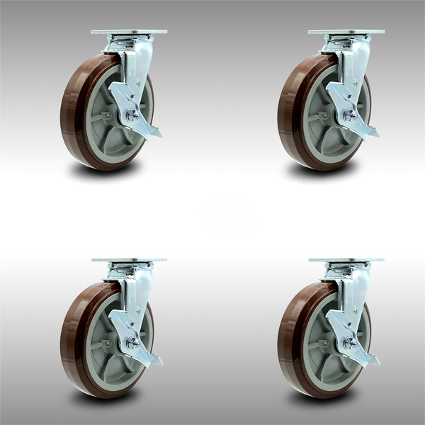 Service Caster 8 Inch SS Polyurethane Swivel Caster Set with Ball Bearings and Brakes SCC SCC-SS30S820-PPUB-TLB-4